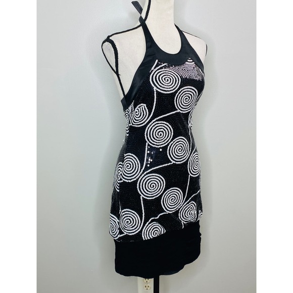 Vintage Cache Sequin Satin Halter Dress Size 2 Cocktail Party Vegas 90s Y2K Glam - Picture 3 of 7
